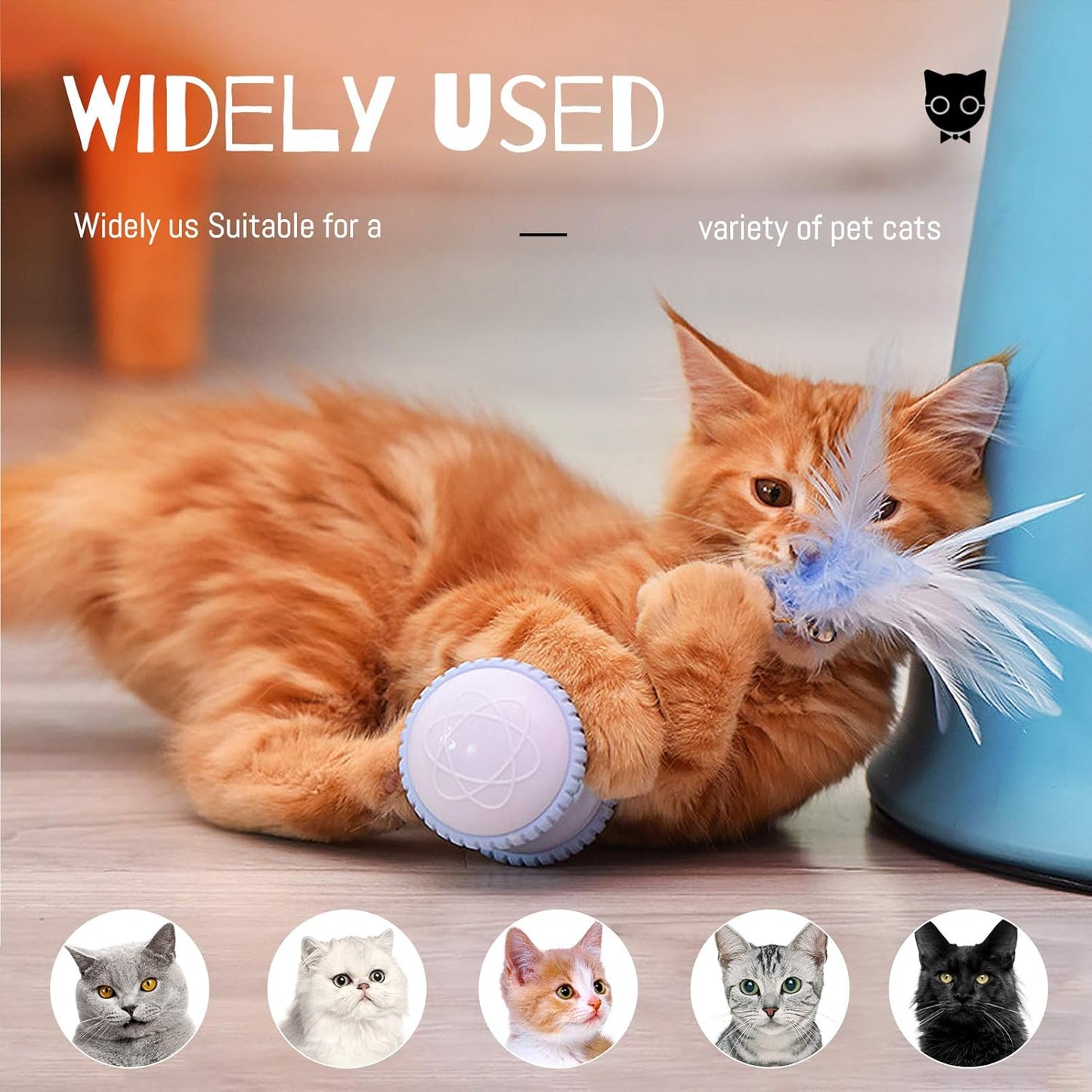 Automatic Cat Feather Toy,  Interactive Indoor Electronic Irregular 360° Rotating Ball Rotating Cat Wheel Toys with LED Light, USB Rechargeable and Feather Replaceable (Blue)
