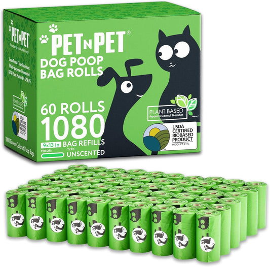 USDA Certified 41% Plant-Based Dog Waste Bags - Leak-Proof Unscented Refill Rolls (1080 Count, Green)