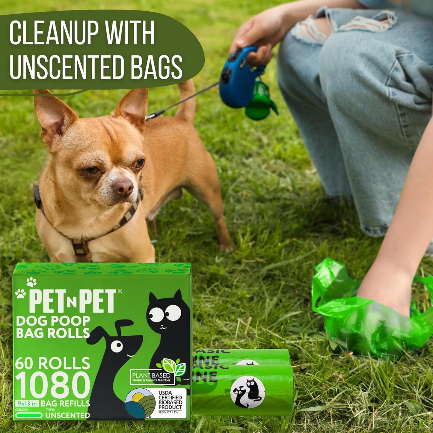 USDA Certified 41% Plant-Based Dog Waste Bags - Leak-Proof Unscented Refill Rolls (1080 Count, Green)