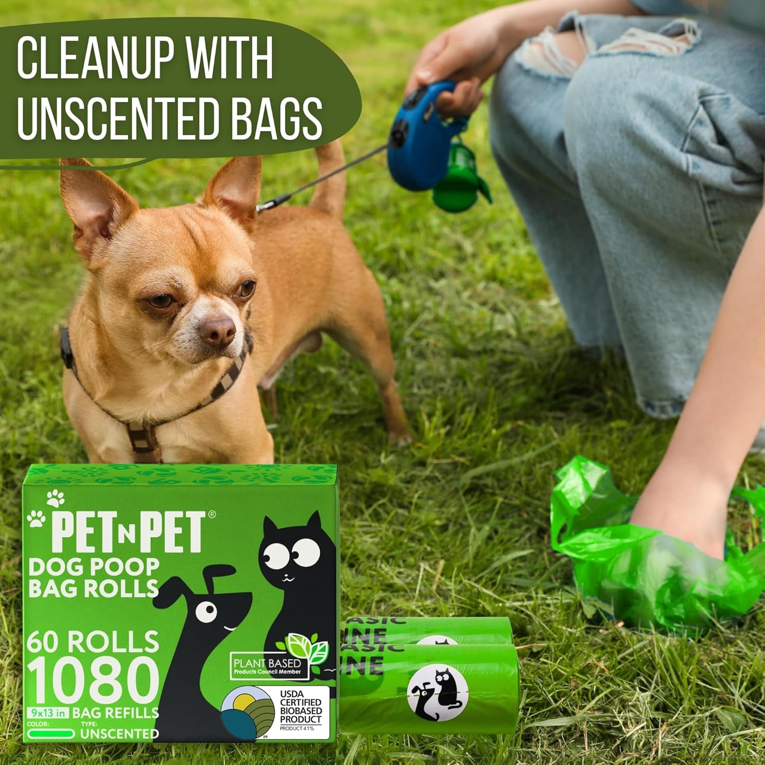 USDA Certified 41% Plant-Based Dog Waste Bags - Leak-Proof Unscented Refill Rolls (1080 Count, Green)