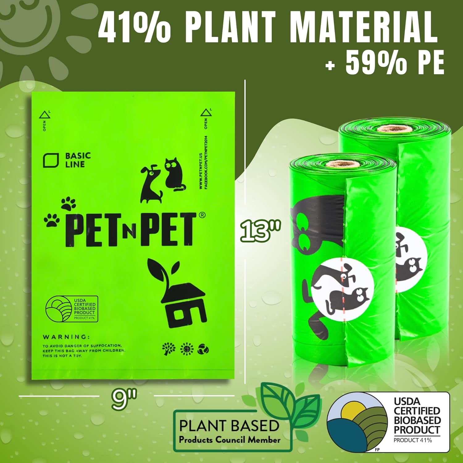 USDA Certified 41% Plant-Based Dog Waste Bags - Leak-Proof Unscented Refill Rolls (1080 Count, Green)