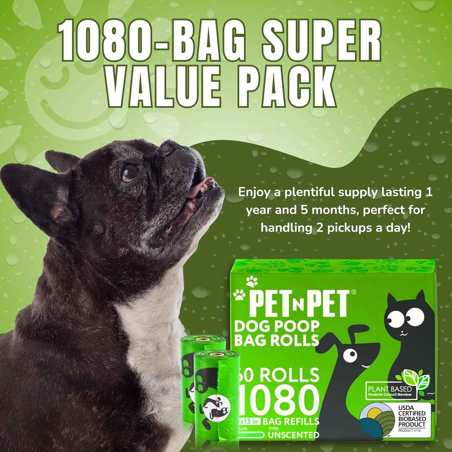 USDA Certified 41% Plant-Based Dog Waste Bags - Leak-Proof Unscented Refill Rolls (1080 Count, Green)